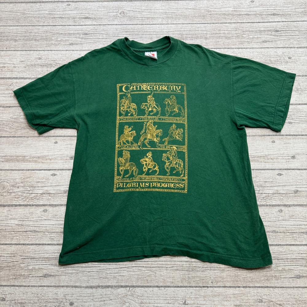 Vintage Canterbury Tales T-Shirt Mens Large Green Pilgrims Progress Short Sleeve